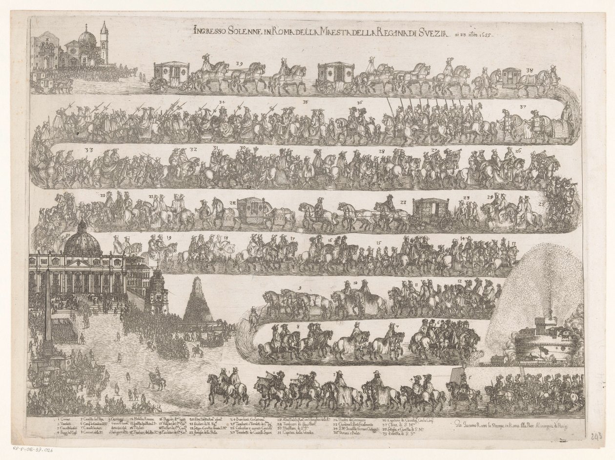 Dronning Christina af Sveriges indrejse i Rom Ingresso Solenne in Roma della Maestra della Regina di Svezia ai 23 xbre 1655 (titel på objekt) af Anonymous