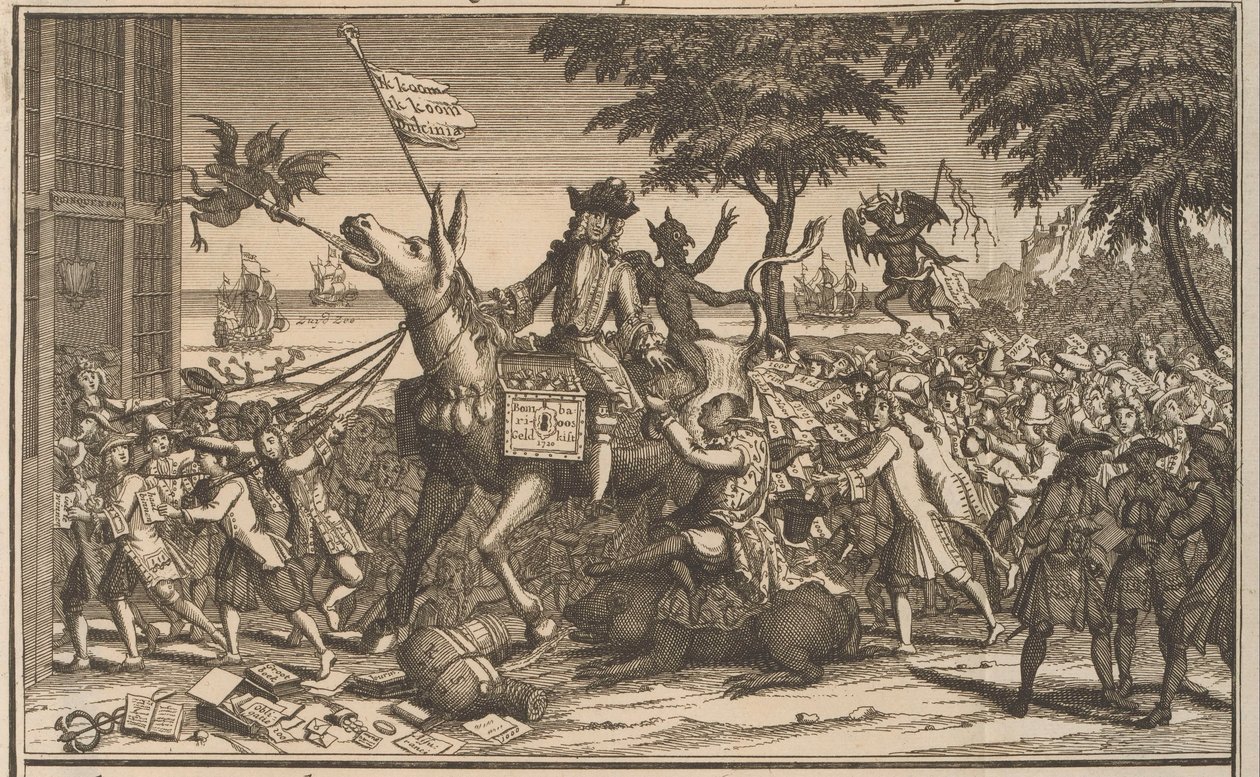 John Law om Sancho Panzas æsel, 1720 Law, som en anden Don-Quichot, håner Sanches Graauwtje (titel på objektet) The Great Scene of Folly (serietitel) af Anonymous