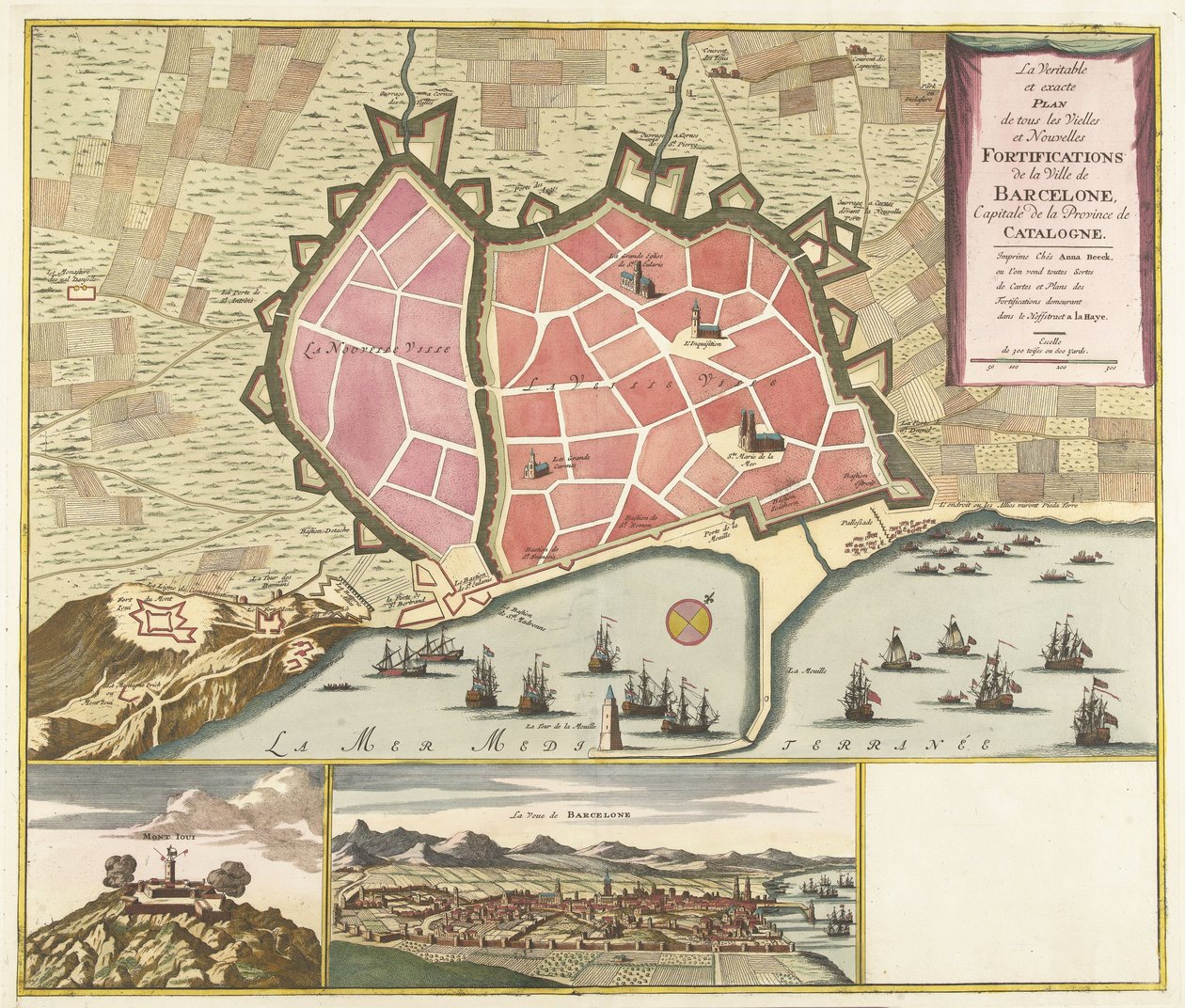 Kort fra Barcelona, ​​​​ca. 1706 Den sande og nøjagtige plan for alle de gamle og nye fæstningsværker i byen Barcelona, ​​hovedstaden i provinsen Catalonien (titel på objektet) af Anonymous