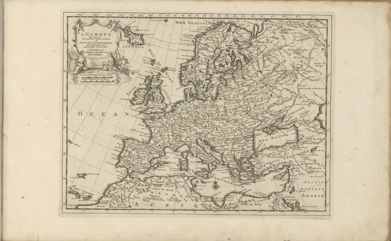 Kort af Europa Europa ifølge de nye observationer fra herrerne fra Det Kongelige Videnskabsakademi osv. Augmented New (titel på objekt) Øst- og Vestindien og andre steder (serietitel) af Anonymous