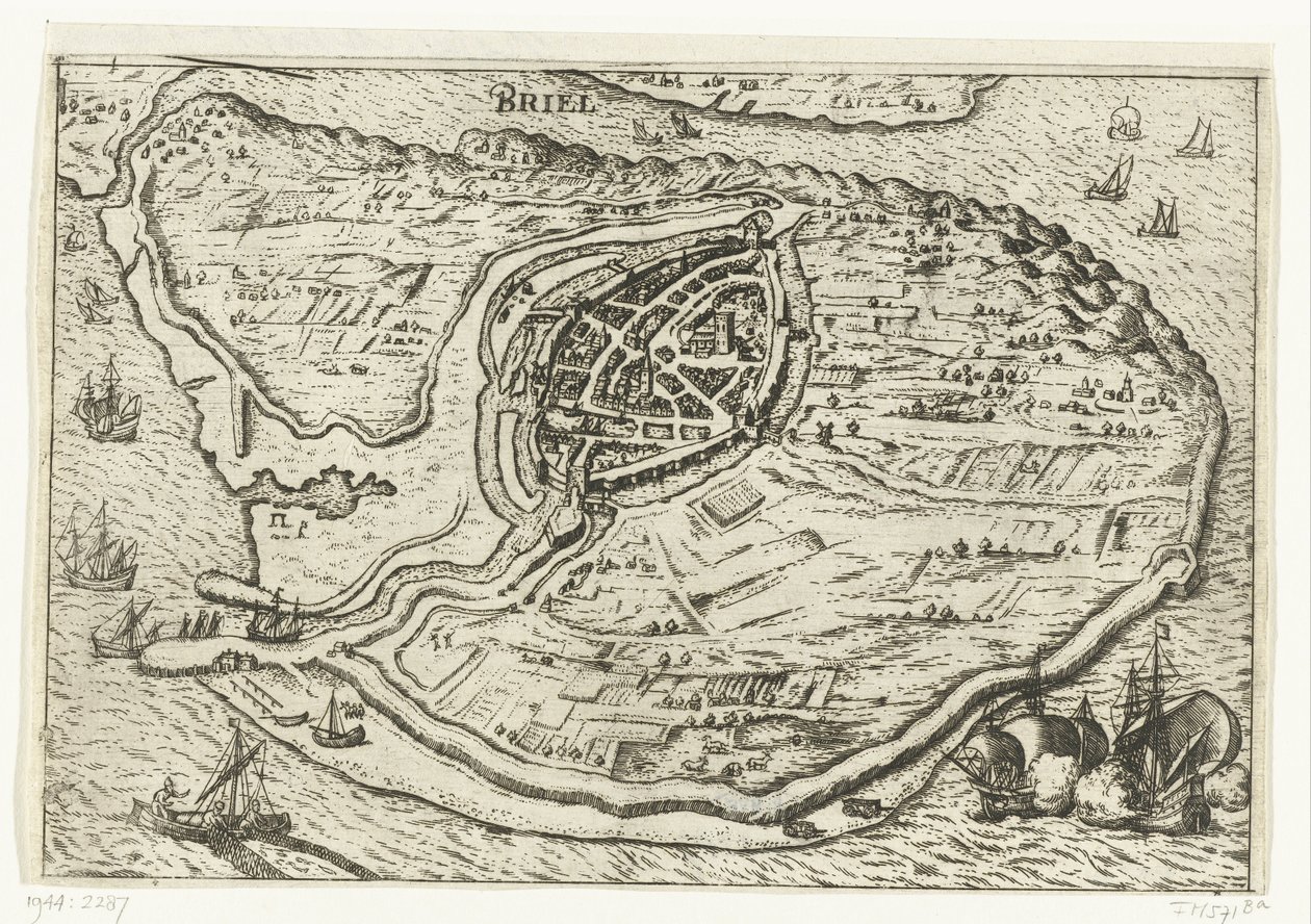 Kort over øen Voorne og kort over Brielle, 1572 Briel (titel på objekt) af Anonymous