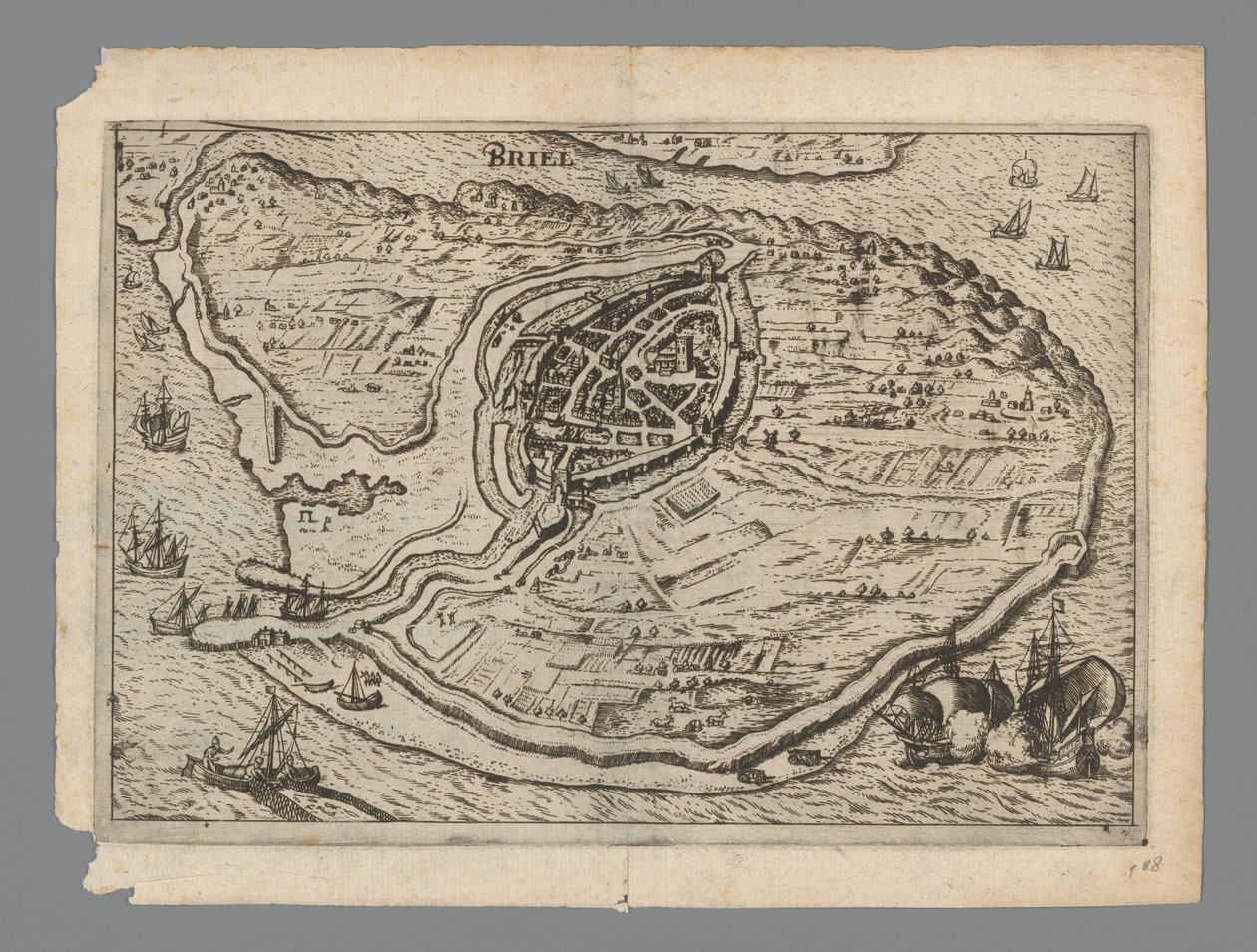 Kort over øen Voorne og kort over Brielle, 1572 Briel (titel på objekt) af Anonymous