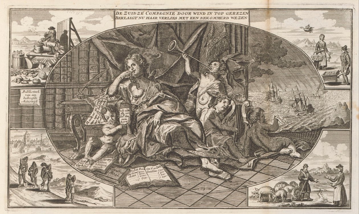 Sydhavskompagniets klage, 1720 The Zuidzé Company stiger til tops med vinden / beklager nu sit tab med et bekymret væsen (titel på objektet) The Great Scene of Folly (serietitel) af Anonymous