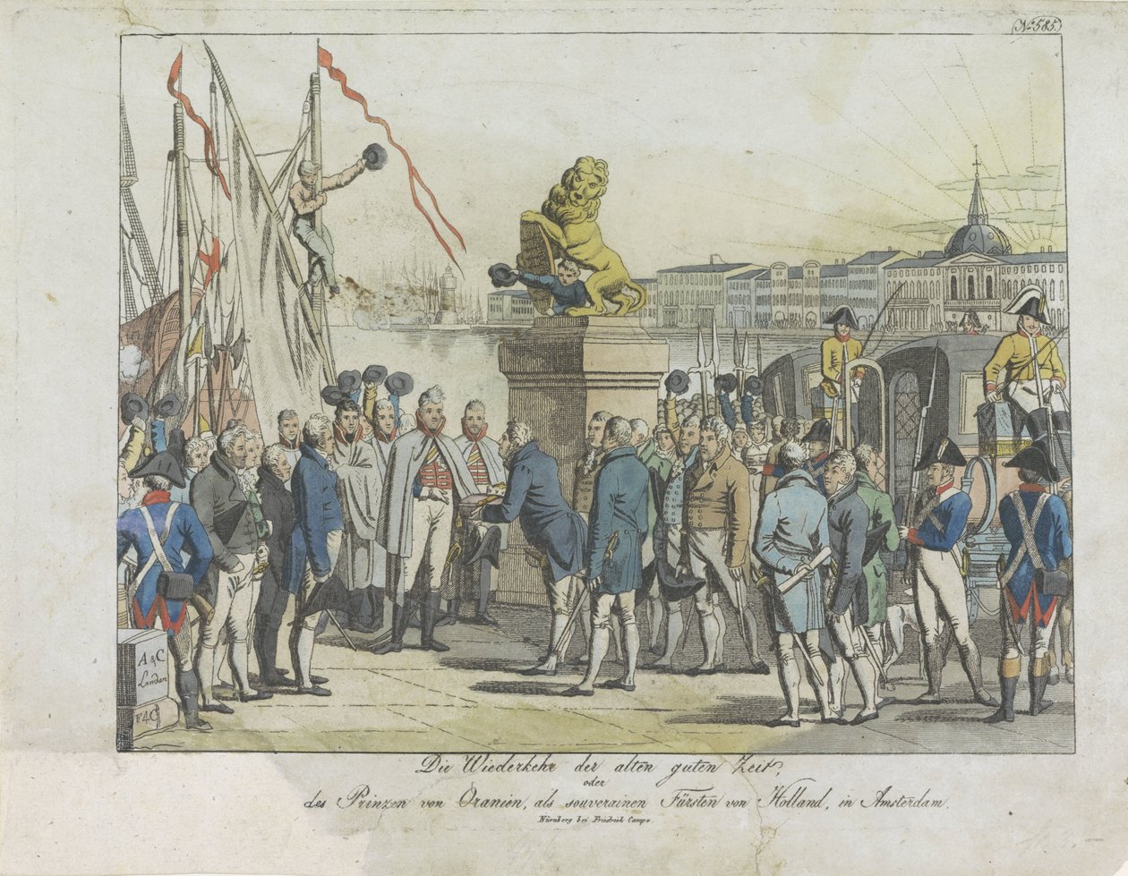 Komst van de Souverein Vorst te Amsterdam, 1813. De gode gamle dages tilbagevenden, (...) Prinsen af ​​Orange, som suveræn prins af Holland, i Amsterdam (titel på objekt) af Anonymous