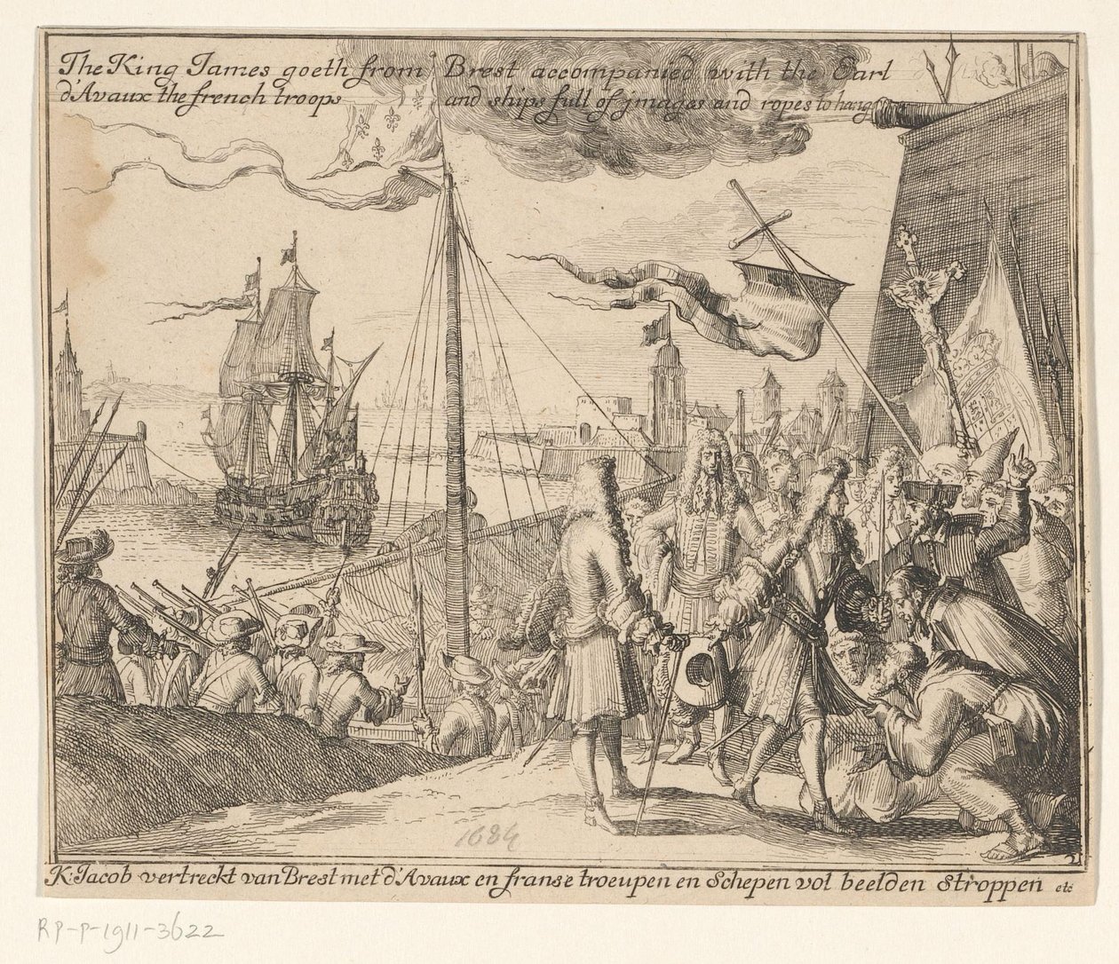 King James II rejser med franske tropper fra Brest til Irland, 1689 King James går fra Brest ledsaget af jarlen d