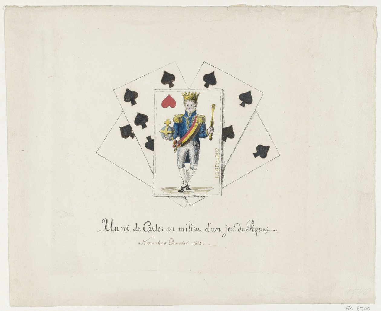 Koning Leopold I als de hartenkoning, 1831-1832 En konge af kort i midten af ​​et sæt spar (titel på objekt) af Anonymous