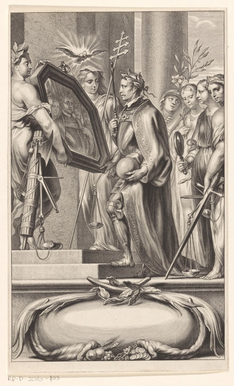King holdes i et spejl af Retfærdighed og Tro Titelside for: Petrus Belluga og Camillo Borello, Speculum principum, 1655 af Anonymous