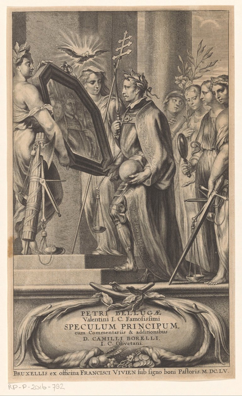 King holdes i et spejl af Retfærdighed og Tro Titelside for: Petrus Belluga og Camillo Borello, Speculum principum, 1655 af Anonymous