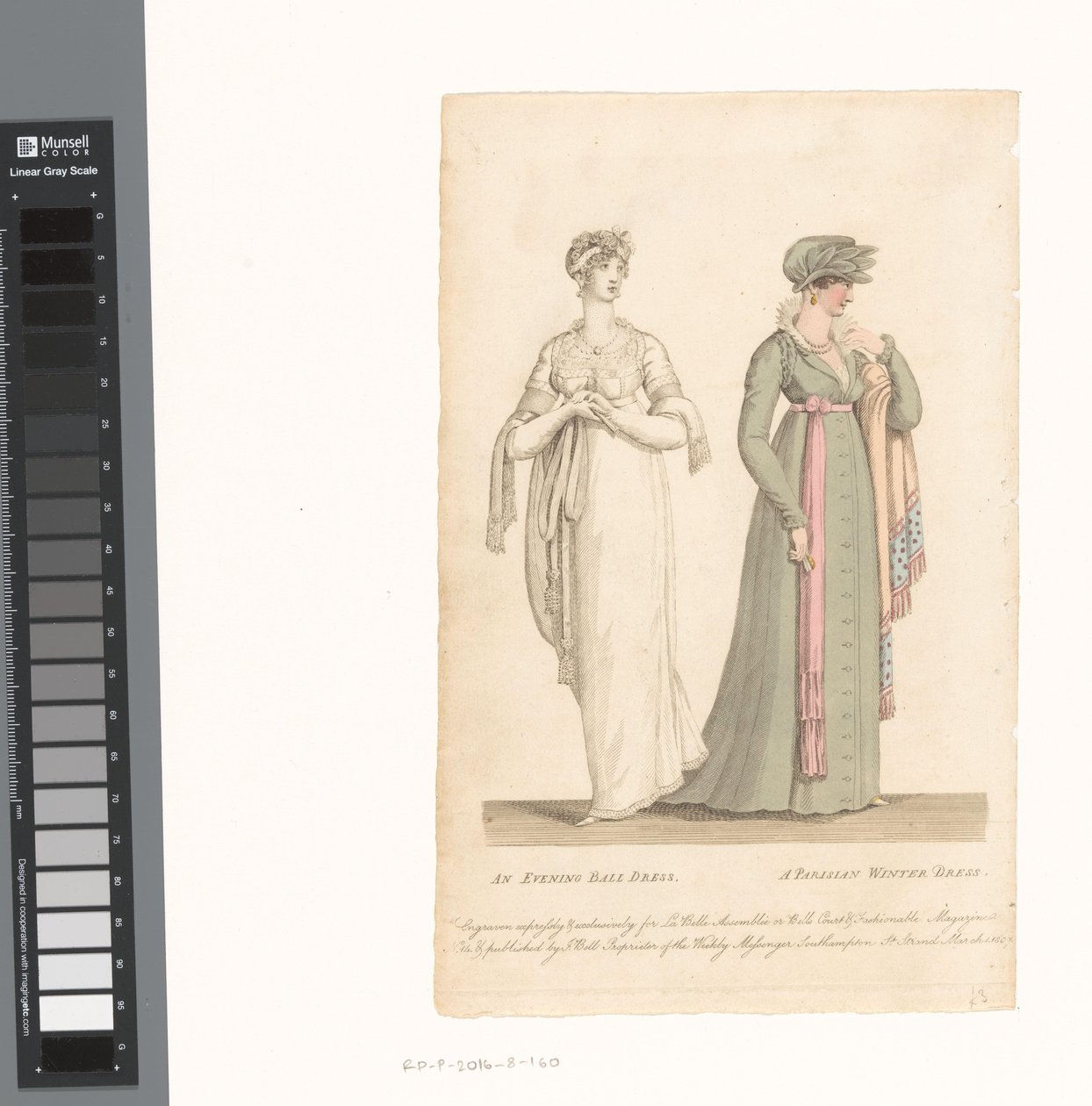 La Belle Assemblée, 1. marts 1807, nr. 14: En aftenboldkjole / En parisisk vinterkjole af Anonymous