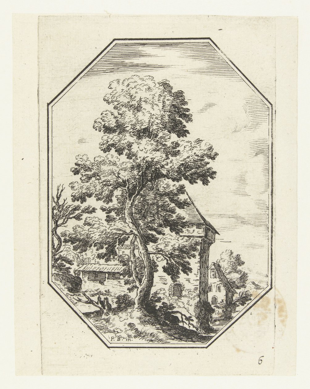Landskab med et stort træ i en ottekantet ramme Octagonal Landscapes (serietitel) af Anonymous