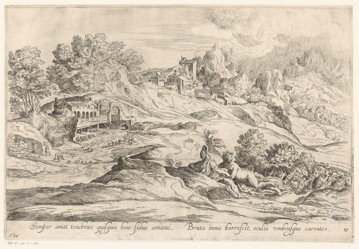 Landschap met minnend paar Den, der er tro mod sin elsker, elsker altid mørket, / Den brutale rystede stadig, hans øjne mangler skygger (titel på objektet) Landschappen naar Domenico Campagnola (serietitel) af Anonymous