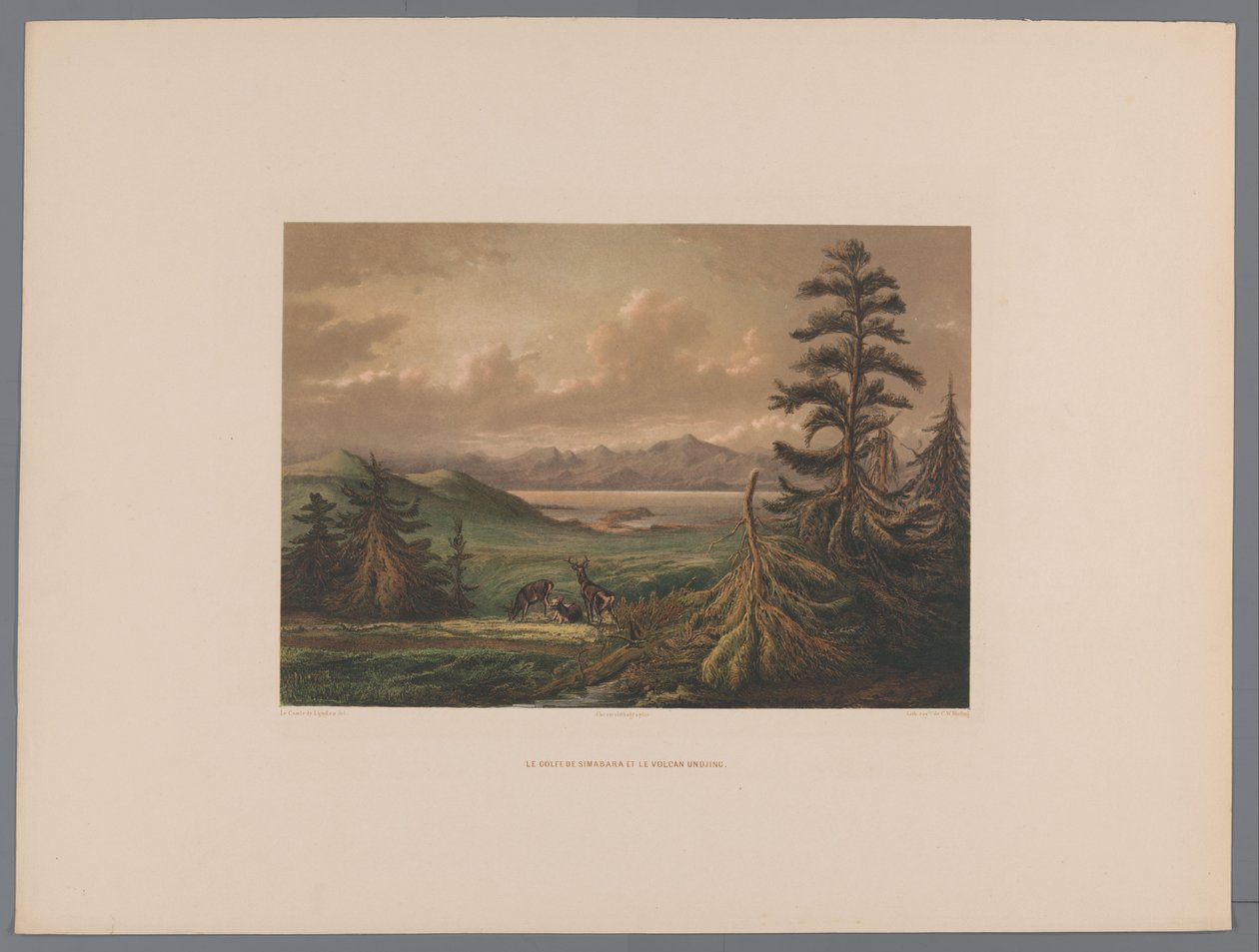 Landskab med Shimabara Bay og Unzen Vulkan i baggrunden Le golfe de Simabara et le volcan Undjing (titel på objekt) Souvenir du Japon vues d
