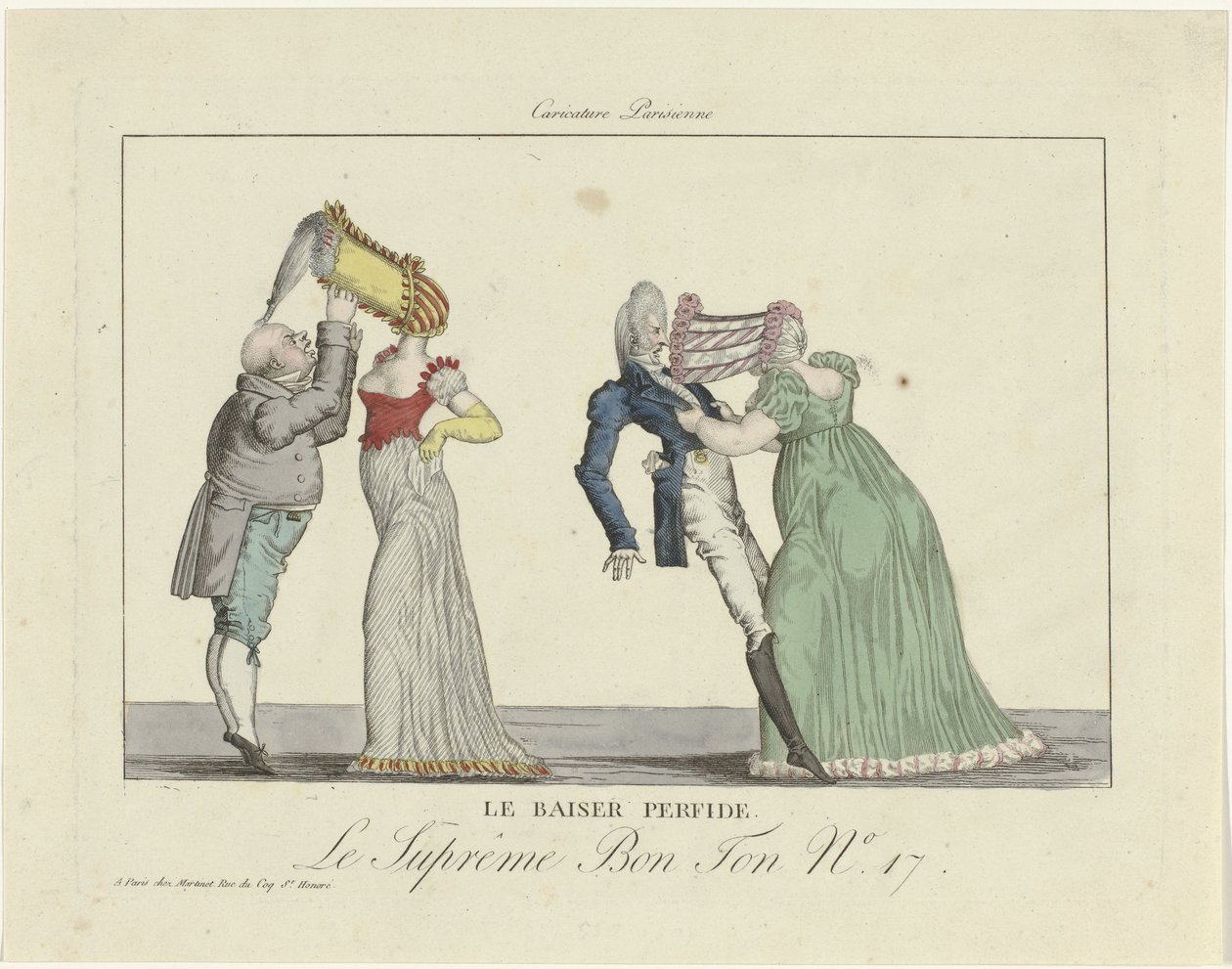 Den Højeste Bon Ton. Karikatur Parisienne, 1800-1815, nr. 17: Det forræderiske kys. af Anonymous