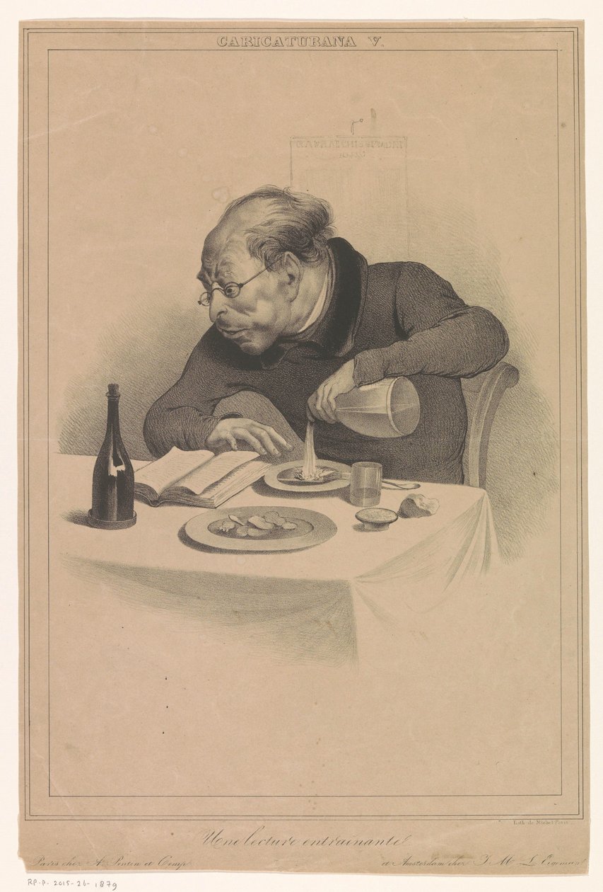 læsende mand Une lecture entraînante (titel på objekt) Karikaturer (af forlagene Pontin og Eigeman) (serietitel) Caricaturana (serietitel på objekt) af Anonymous