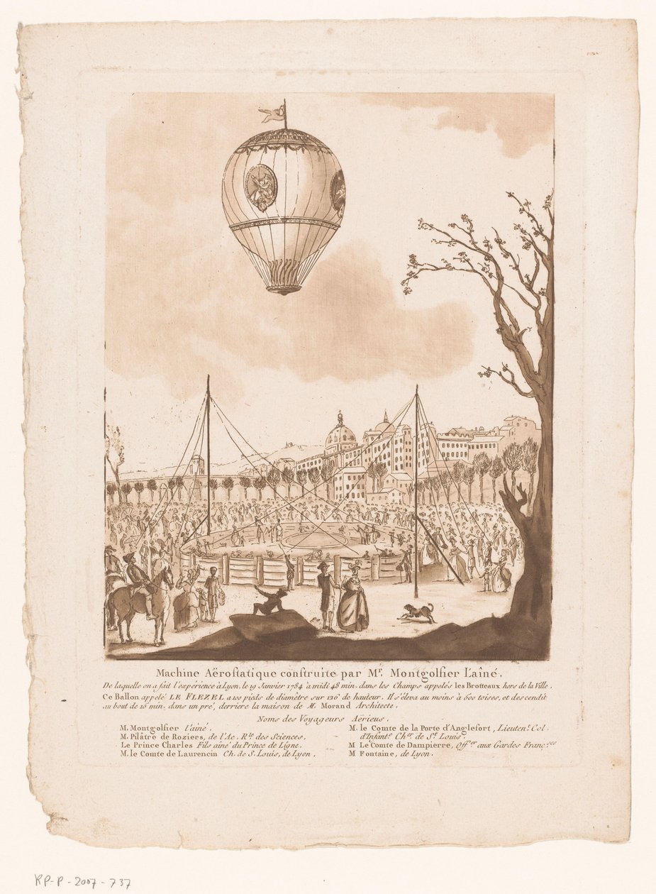 Luchtballon, Le Flezel, van Joseph-Michael Montgolfier den Ældre udenfor Lyon Aerostatisk maskine bygget af hr. Montgolfier den ældre (titel på objekt) af Anonymous