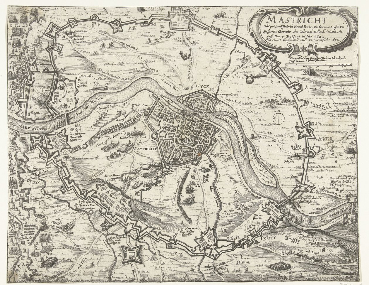 Maastricht besat af Frederik Hendrik, 1632 Maestricht belejret af Friderich Henrich Printzen von Orangien (...) den 9. juni i år 1632. Taget med Accort den 12. august i år 1632 (titel på objekt) af Anonymous