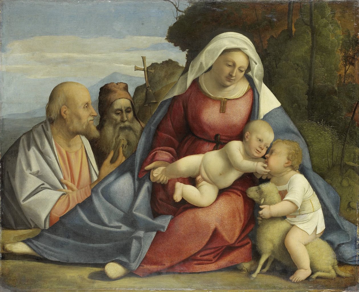 Madonna og barn med spædbarnet Johannes Døberen og de hellige Peter og Anthony af Anonymous