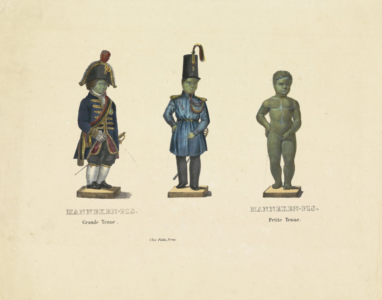 Manneken Pis i forskellige tøj, 1817 Manneken-Pis. Storslået outfit. Manneken-Pis. Petite outfit (titel på objekt) af Anonymous