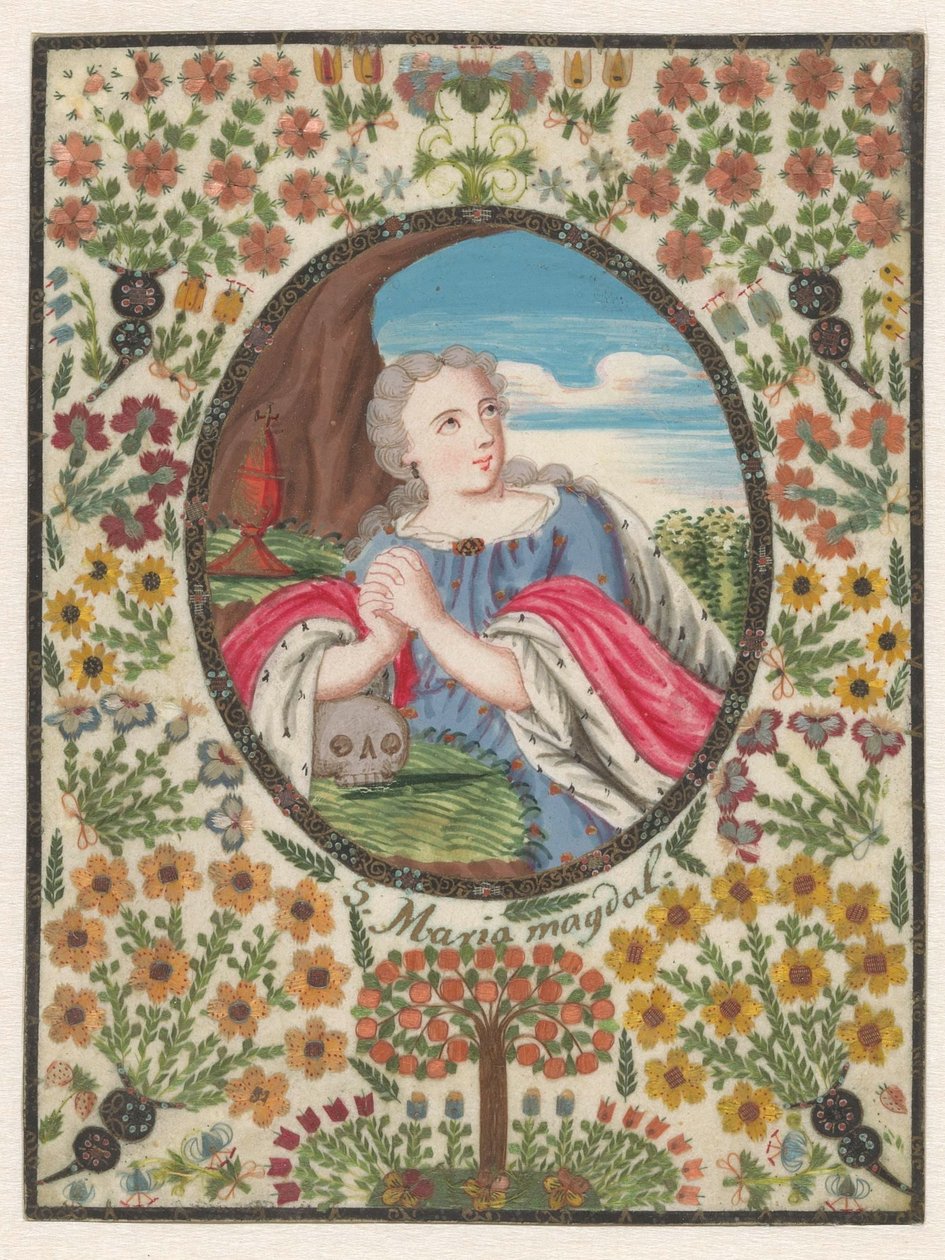 Maria Magdalena i oval med blomsterkant hele vejen rundt af Anonymous
