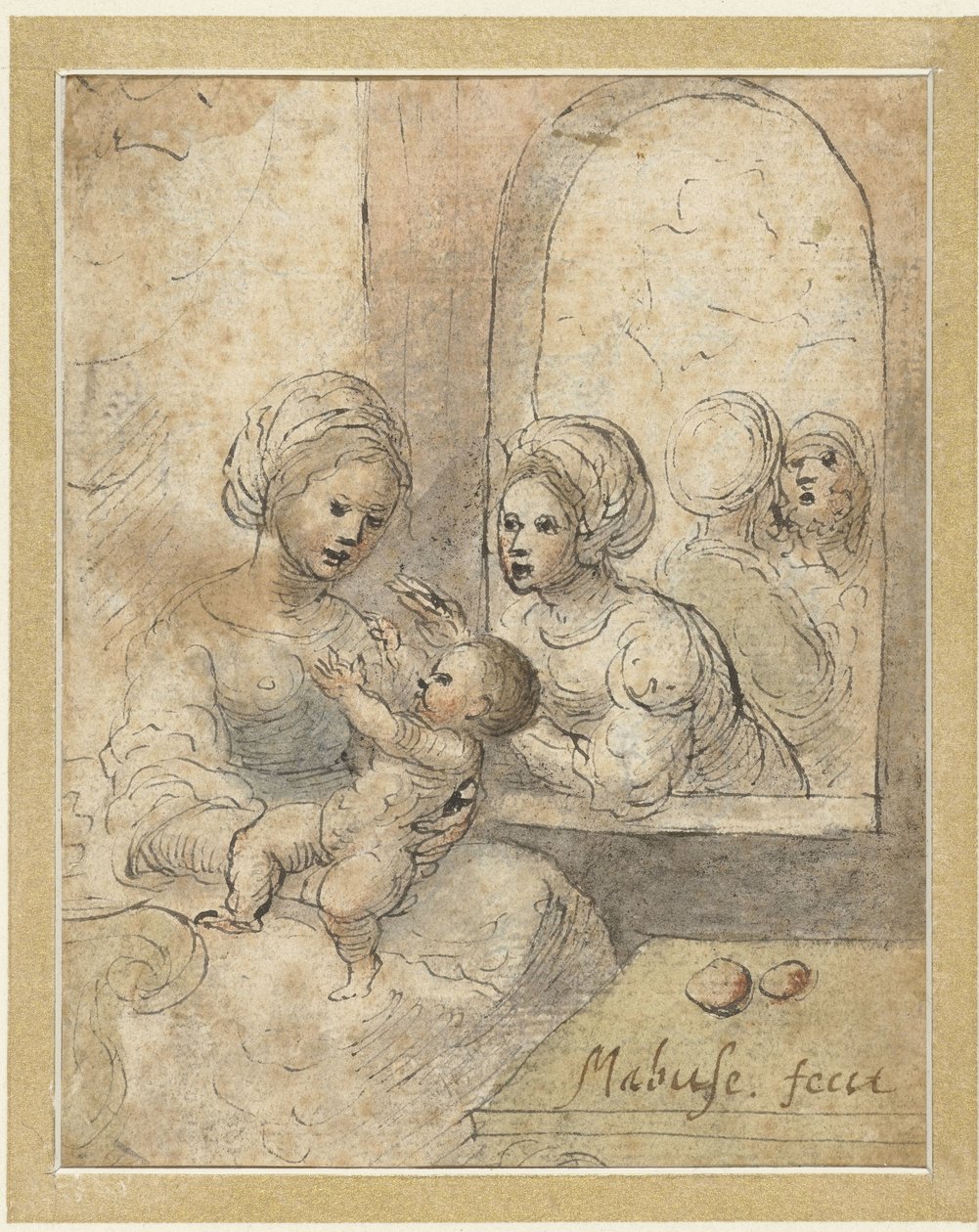 Mary med barn og tre andre figurer af Anonymous