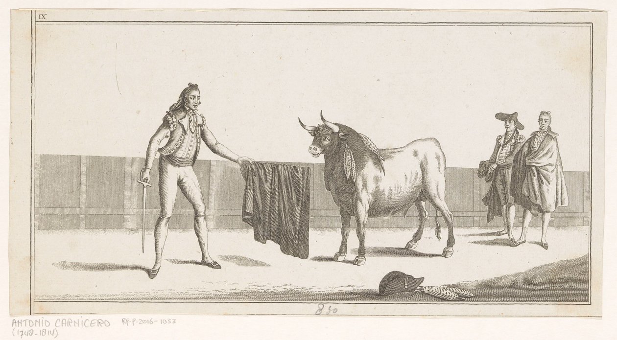 Matador udfordrer en tyr Coleccion de las principales suertes de una corrida de toros (serietitel på objekt) Samling af de vigtigste tyrefægtningsmanøvrer (serietitel) af Anonymous