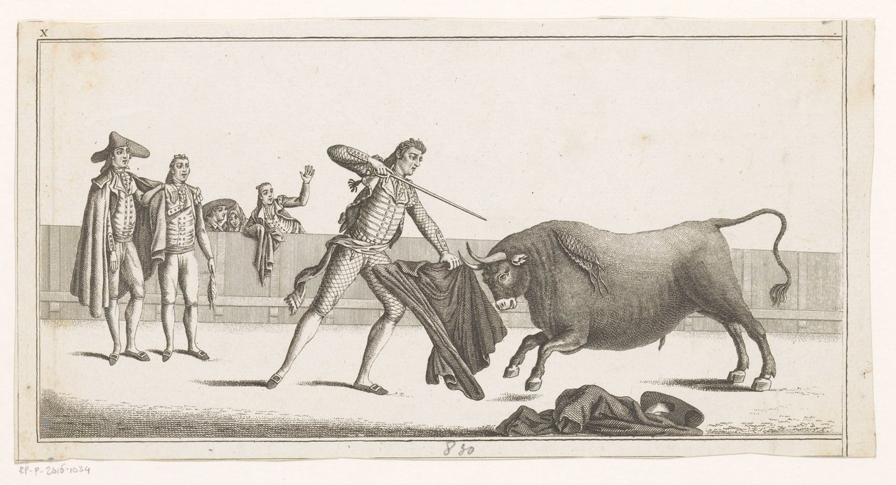 Matador udfordrer en tyr Coleccion de las principales suertes de una corrida de toros (serietitel på objekt) Samling af de vigtigste tyrefægtningsmanøvrer (serietitel) af Anonymous