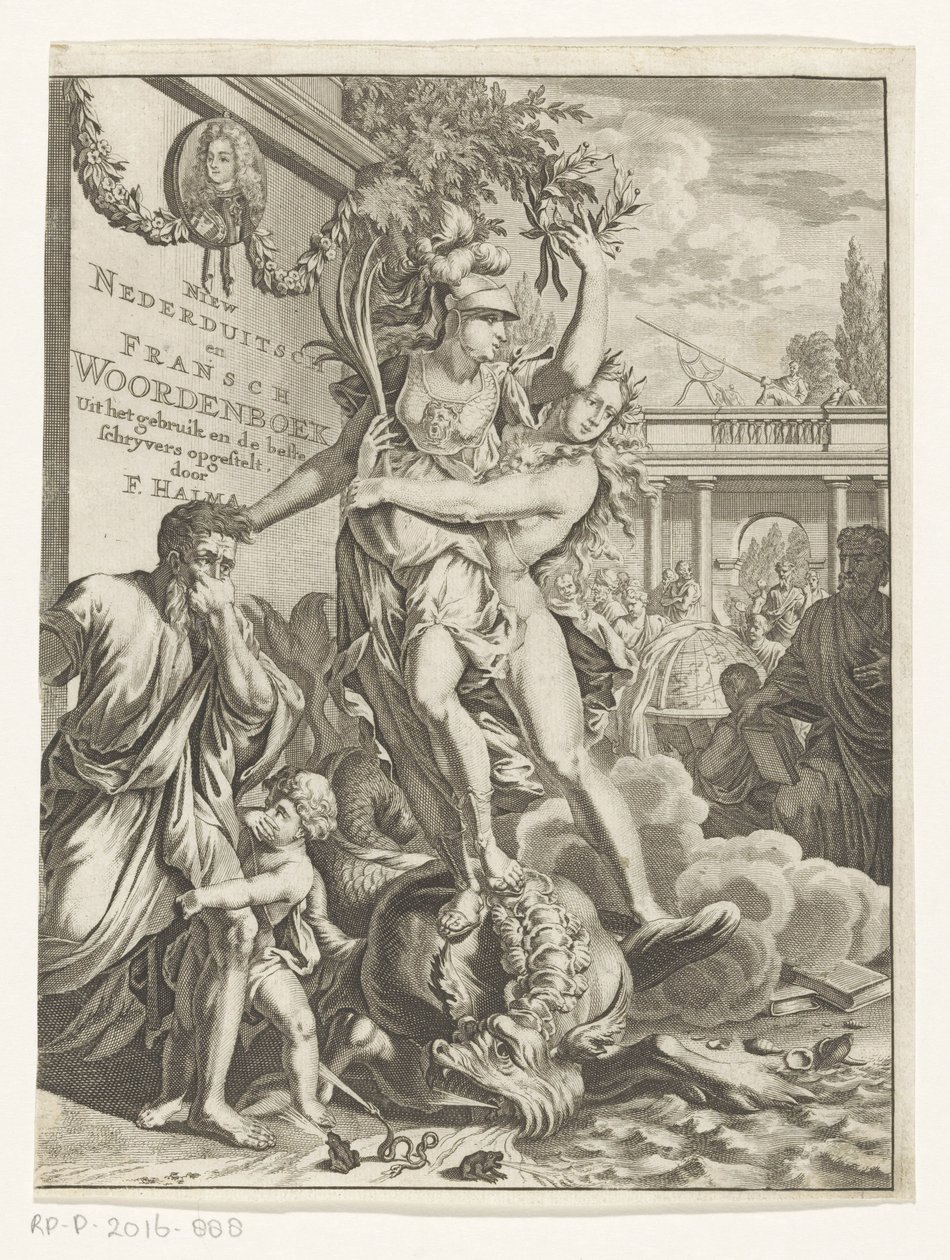 Minerva nedtramper et ildpustende havmonster Ny plattysk og fransk ordbog (titel på objekt) Titelside for: François Halma, Ordbog over nederlandske og franske sprog, 1710 af Anonymous