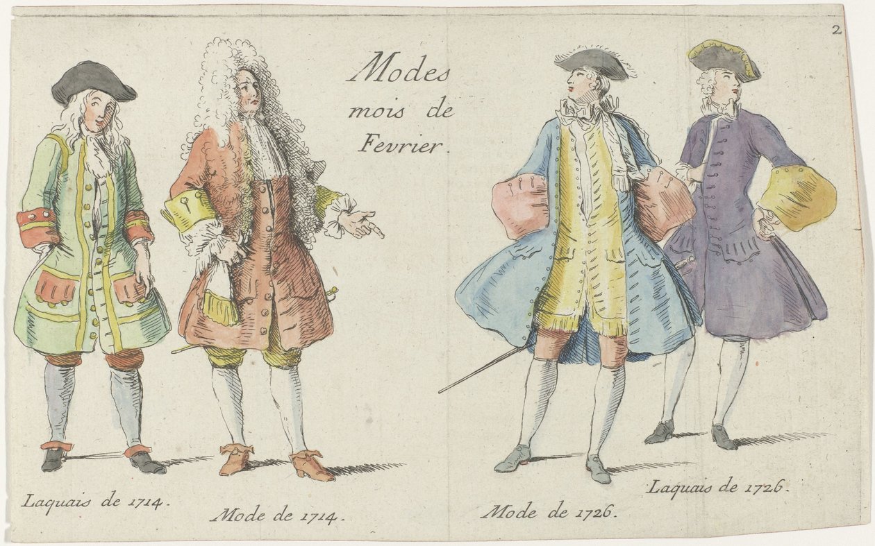 Modes Mois de Fevrier (titel på objekt) Fire mænd klædt i mode fra 1714 og 1726 Mercure de France (serietitel) af Anonymous