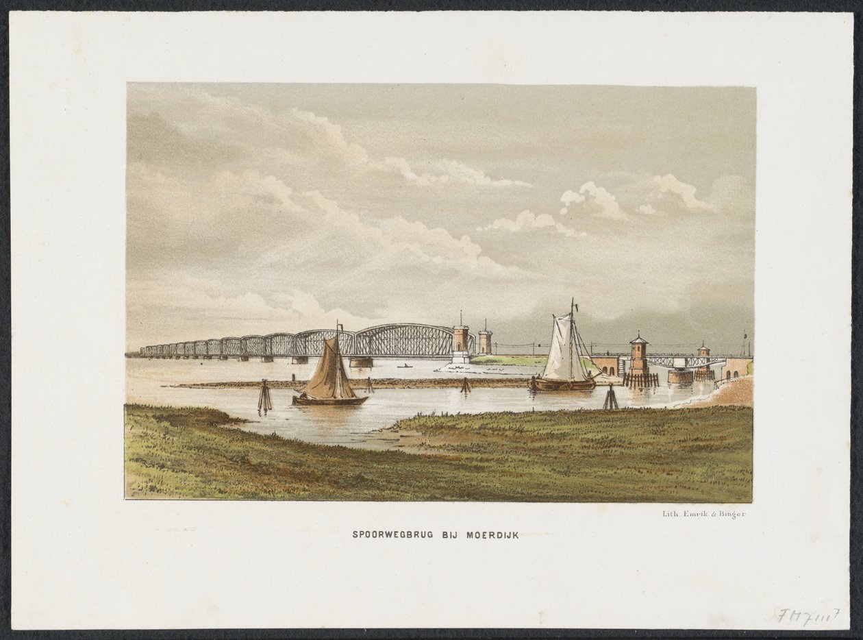 Moerdijk-broen, 1871 Jernbanebro ved Moerdijk (titel på objekt) Hovedjernbanebroerne i Holland (serietitel) af Anonymous