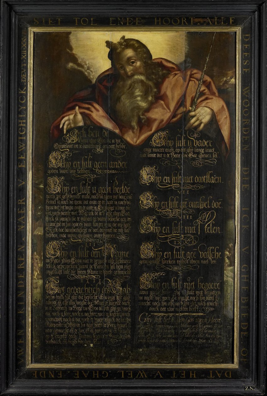 Moses viser lovens tabeller med de ti bud i kalligrafi af Anonymous