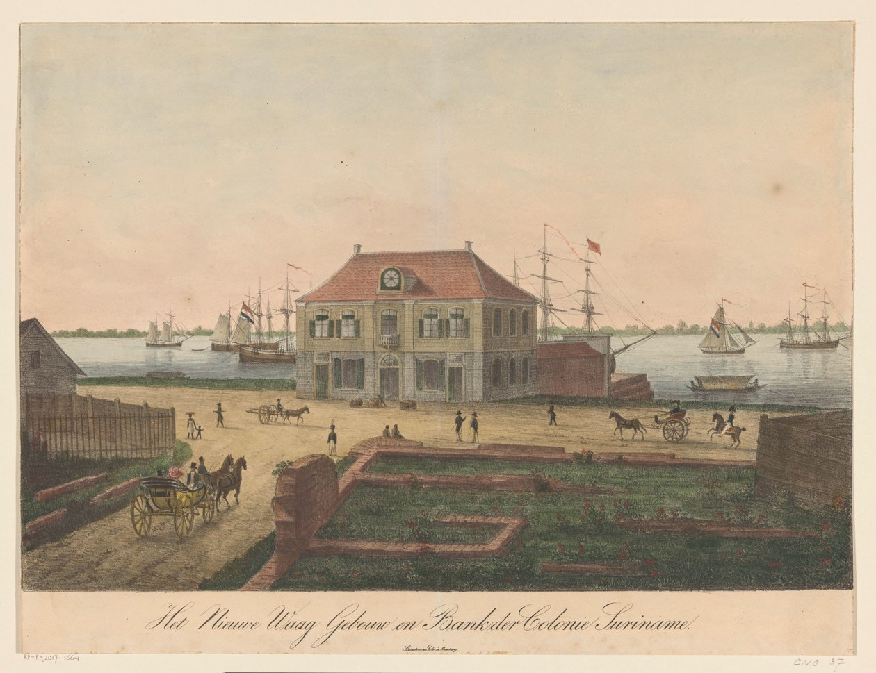 Nieuwe Waag ved havnefronten i Paramaribo Nieuwe Waag Building og Bank der Colonie Surinam (titel på objekt) af Anonymous