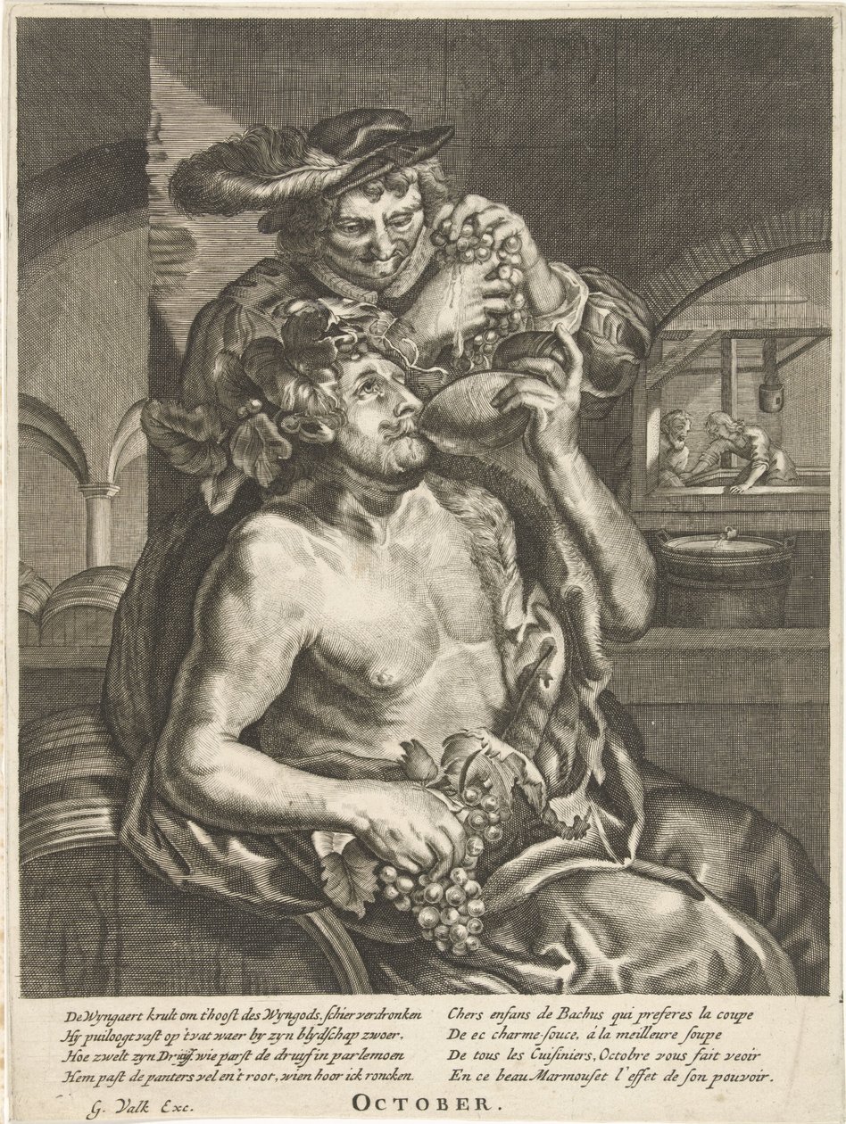 Oktober: Bacchus drikker vin oktober (titel på objekt) De tolv måneder (serietitel) af Anonymous