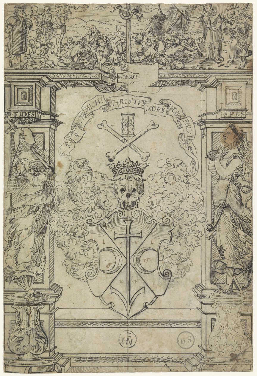 Design til et farvet glasvindue med et våben, figurerne Fides og Spes, og Moses og messingslangen af Anonymous