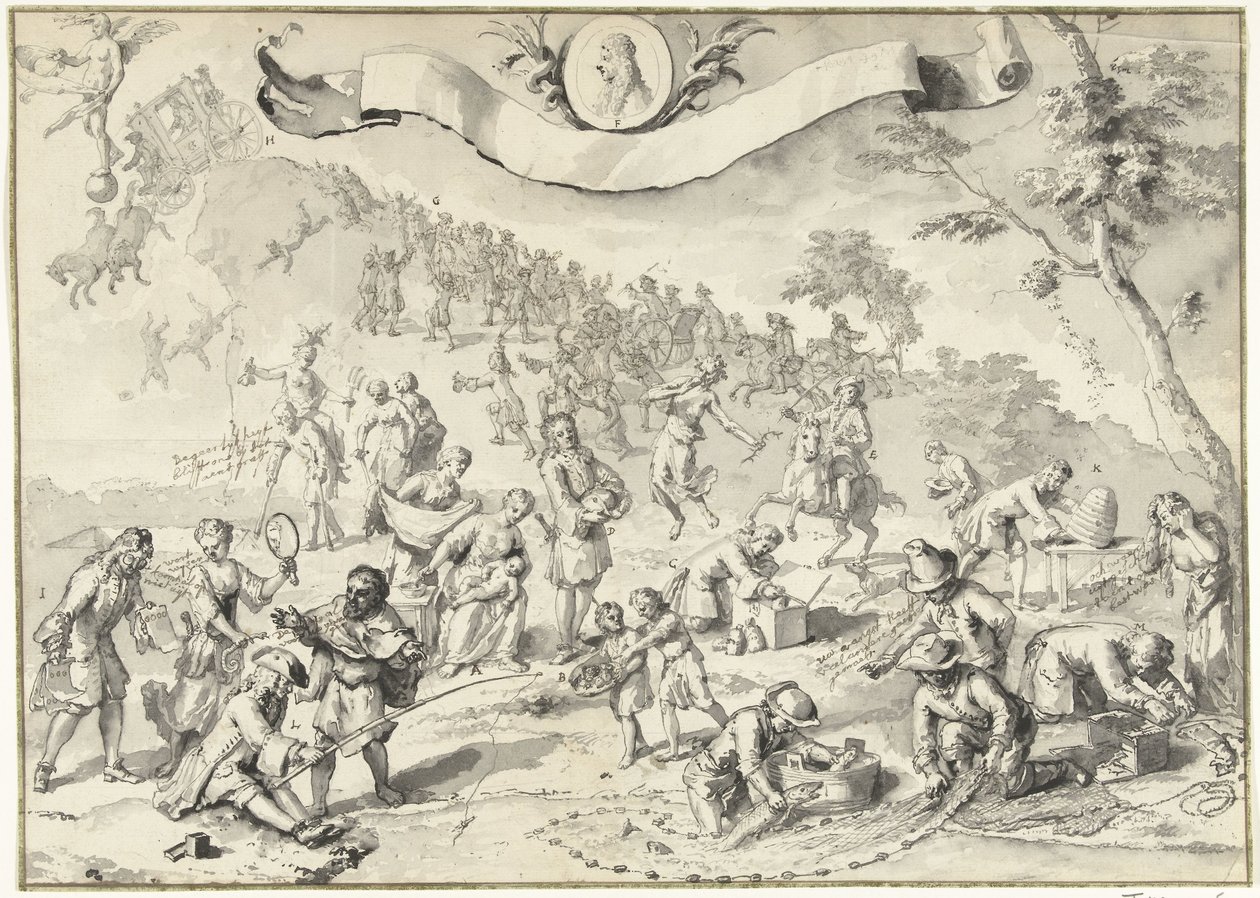 Designtegning til trykket Greed forsøger at overhale Fortuna, 1720 The Great Scene of Folly (serietitel) af Anonymous