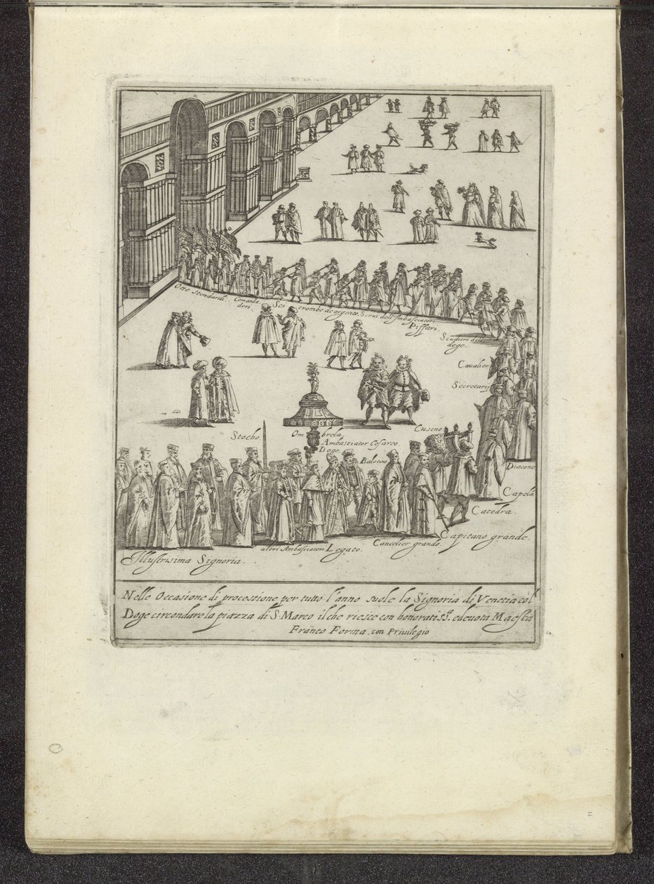 Optocht med de doge en Serenissima Signoria over San Marcoplein te Venetië Scènes uit het Venetiaanse leven (serietitel) Habiti d