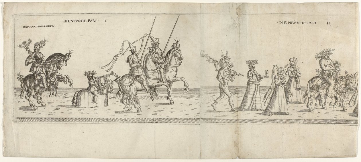 Parade med udklædte figurer, herunder rytter Bernhart von Ahren, et æsel med spyt, Janus, Bacchus på et æsel og to musikere Die neunde del I og II (titel på objekt) Festlig procession med August, Kurfyrsten af ​​Sachsen, klædt ud som en bonde ( af Anonymous