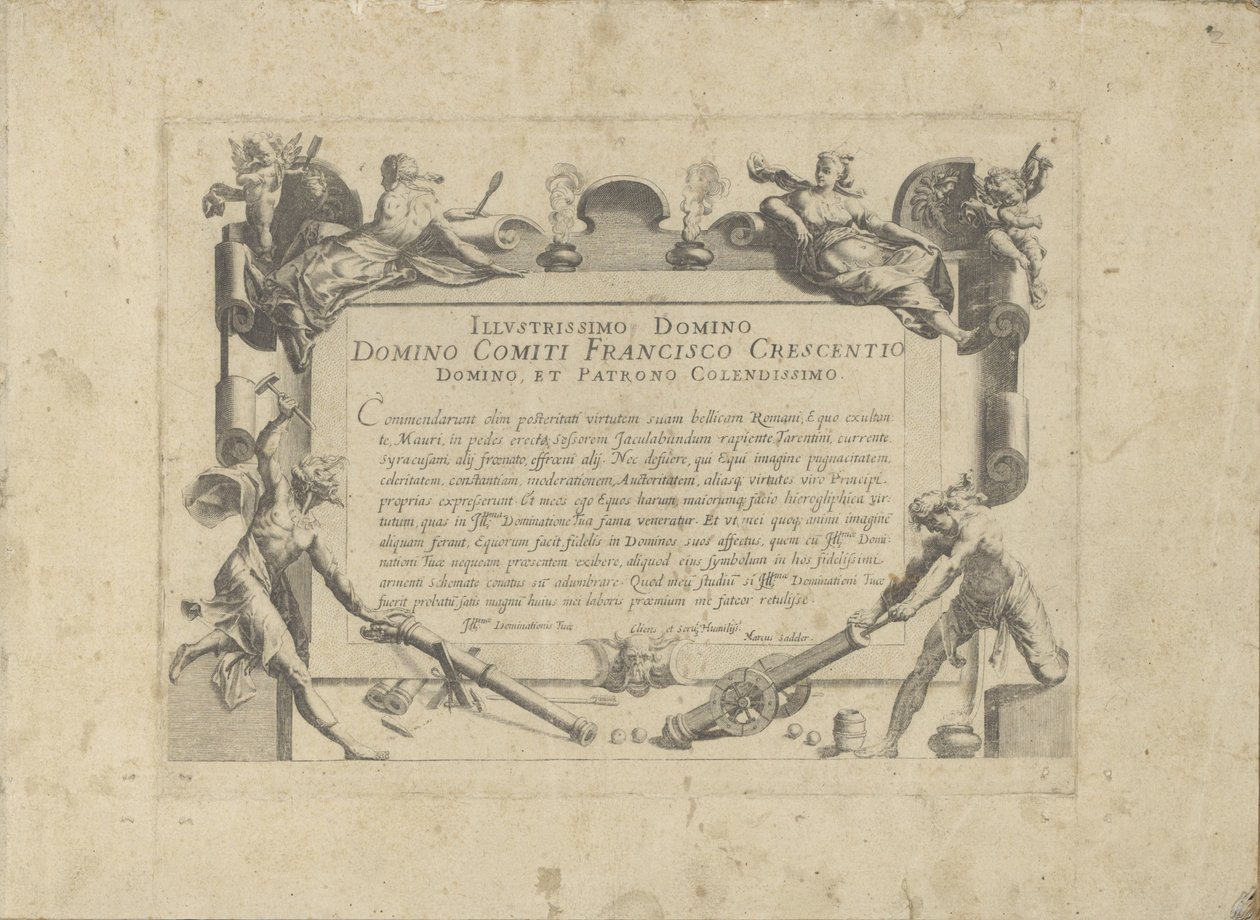 Ornamenteel cartouche met aan de schilder Francesco Crescenzi Hesten, hvor alle slags adelige: hestes opførsel adskilt fra forskellige dele af verden udvalgt (...) (serietitel på objekt) af Anonymous