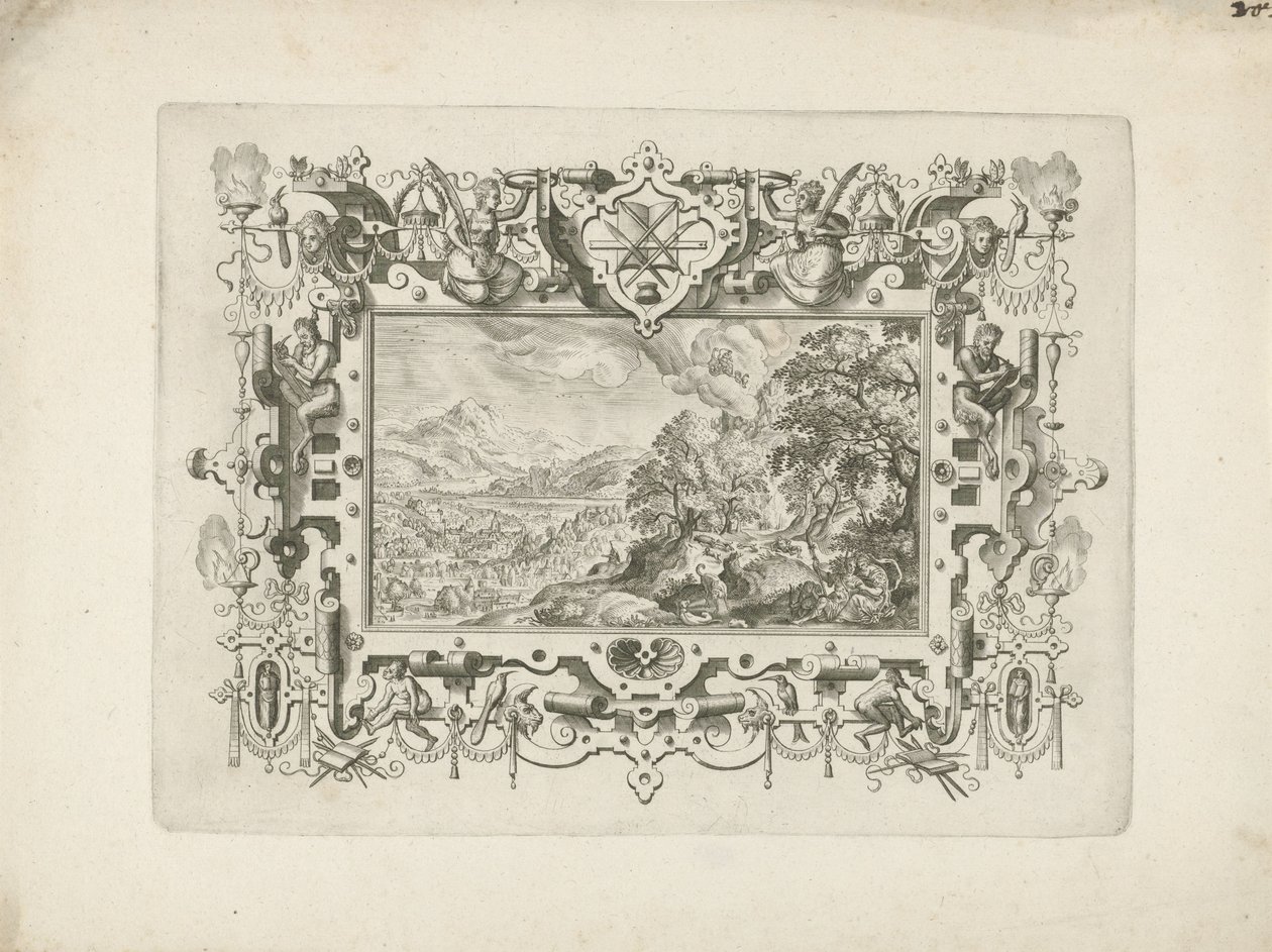 Ornamentramme med rulleværk og figurer, hvori et landskab med Venus og Adonis af Anonymous