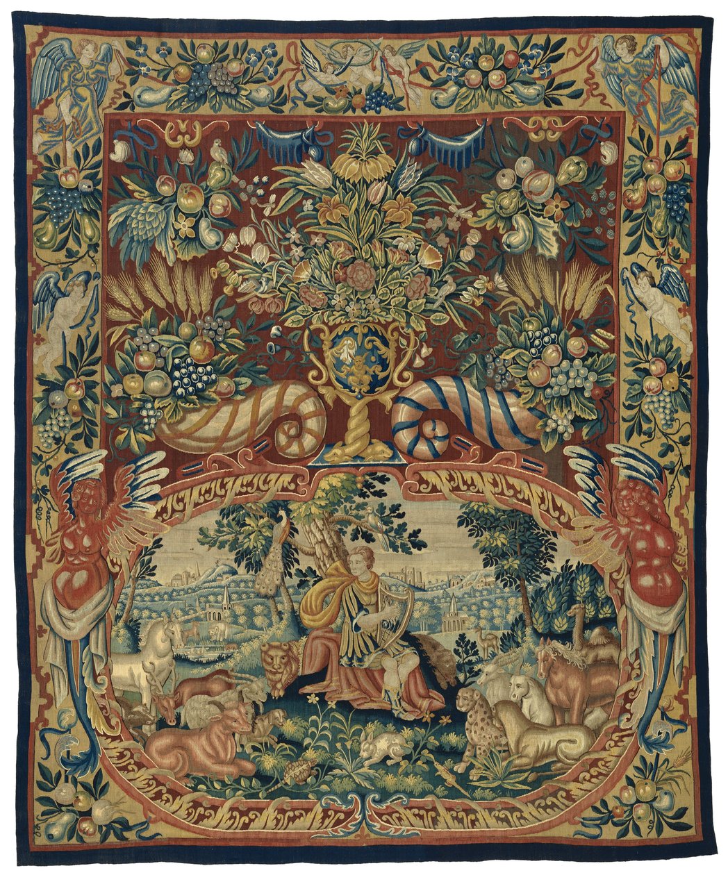 Orpheus med dyrene, i en kartouche og en dekoration med blomstervase og overflødighedshorn af Anonymous