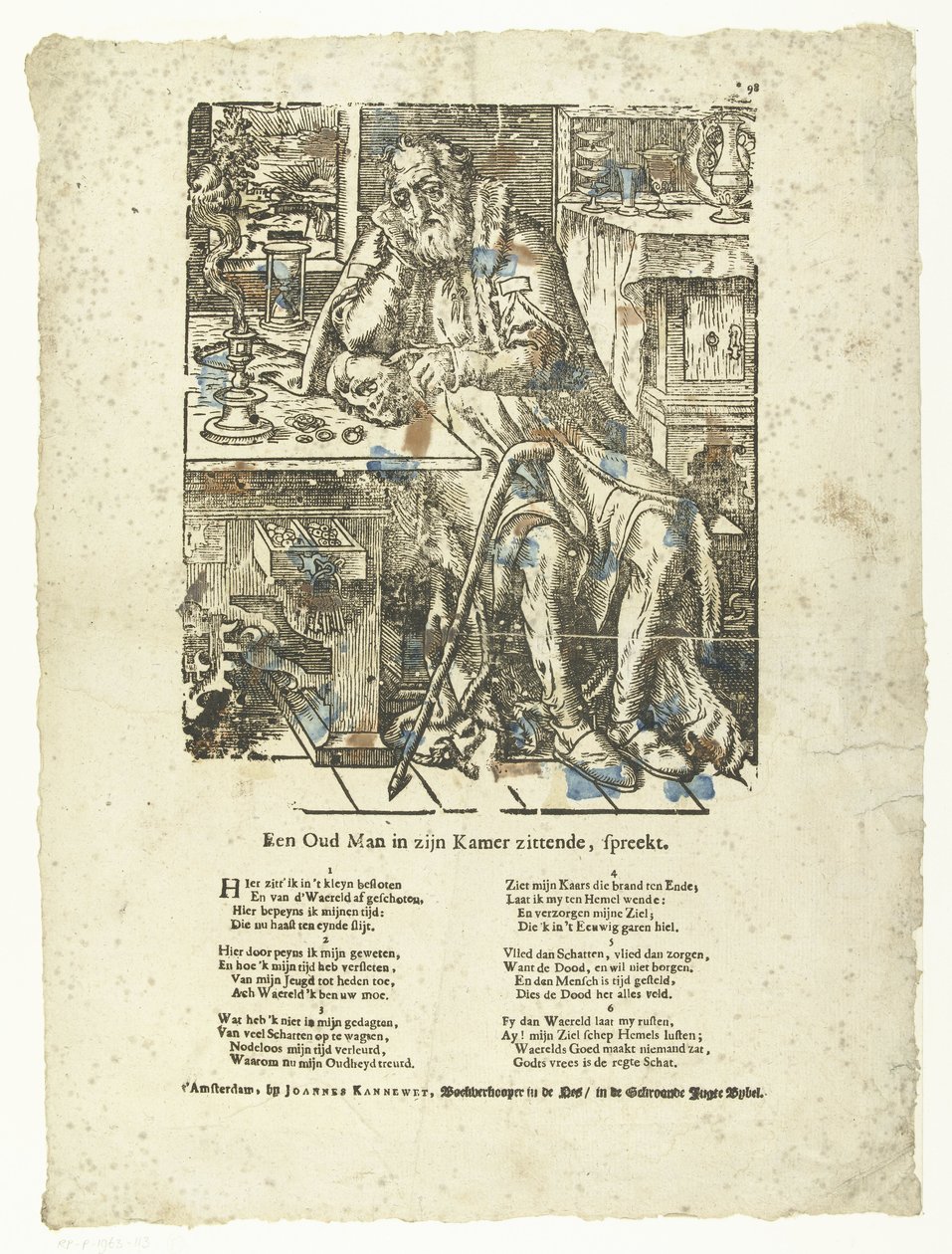 Gammel mand på sit værelse (vanitas) En gammel mand, der sidder på sit værelse, taler. (titel på objekt) af Anonymous