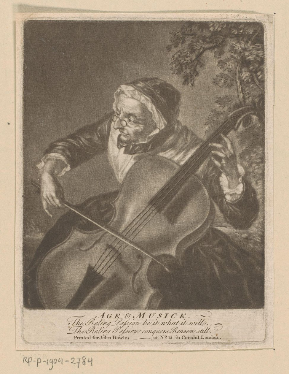 Gammel kvinde spiller cello Alder og musik (titel på objekt) af Anonymous