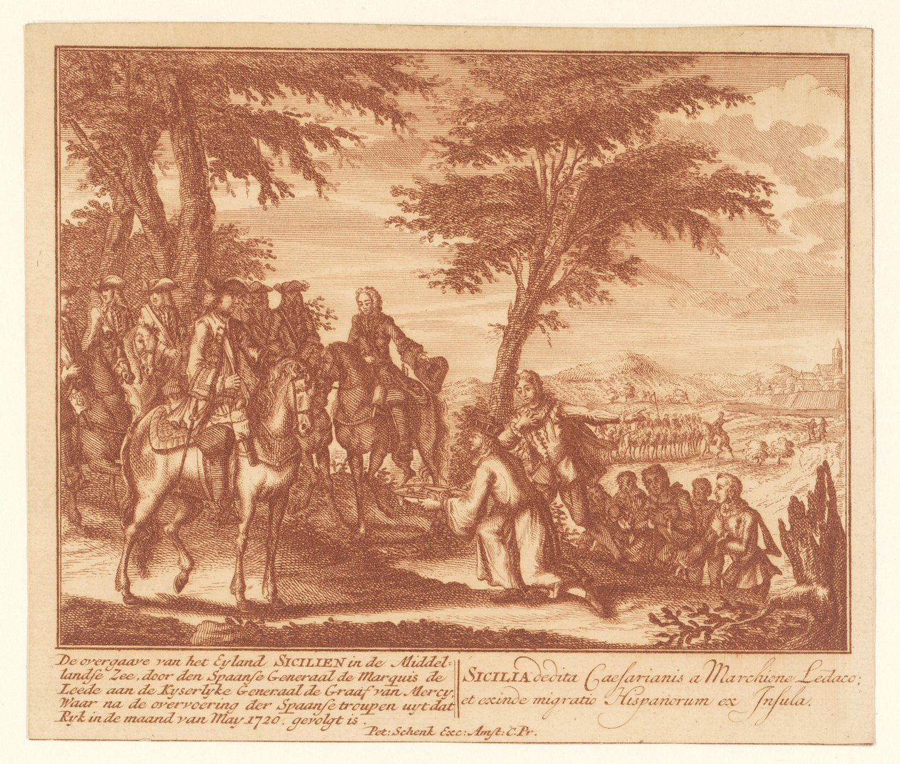 Spaniernes overgivelse af Sicilien til franskmændene, maj 1720 Overgivelsen af ​​Eyland Sicilien i Middelhavet (...) (titel på objektet) af Anonymous