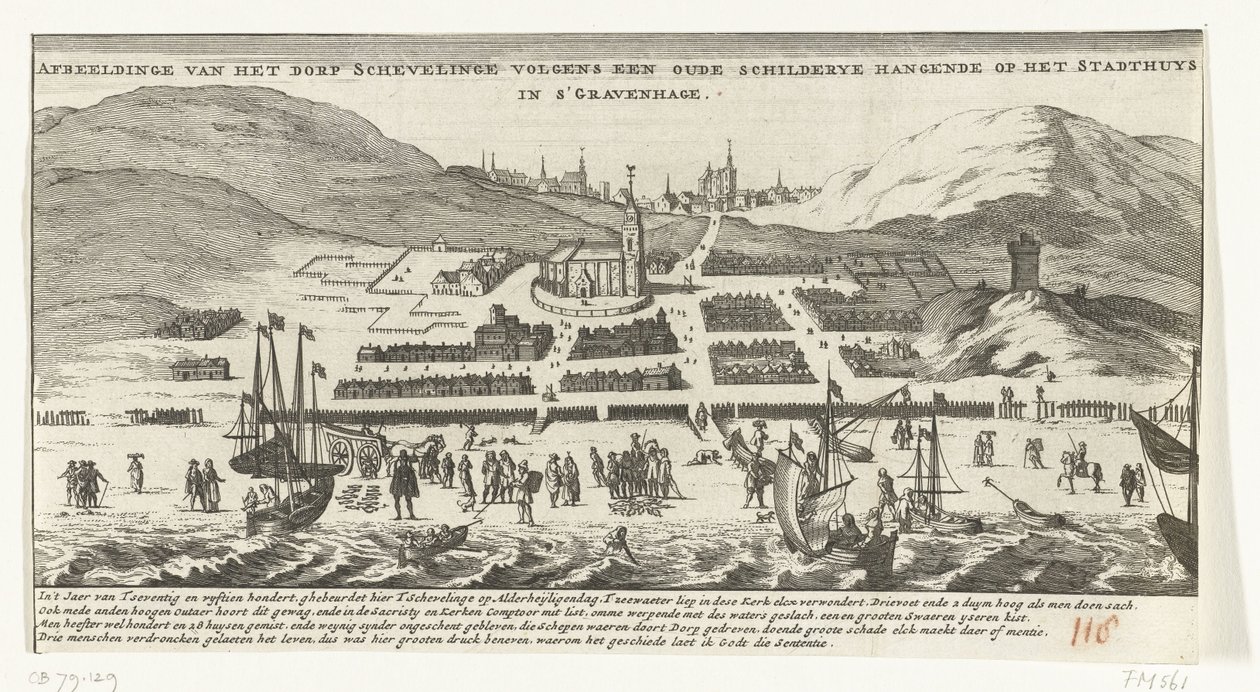 Oversvømmelse i Scheveningen på Allehelgensdag den 1. november 1570 Billede af landsbyen Schevelinge ifølge et gammelt maleri, der hænger på Stadthuys i Haag (titel på objektet) af Anonymous