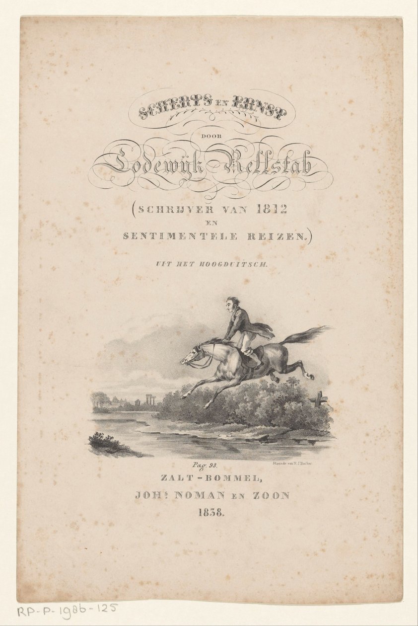 Hesten hopper over floden Titelside for: Lodewijk Rellstab, drillerier og alvor, 1838 af Anonymous