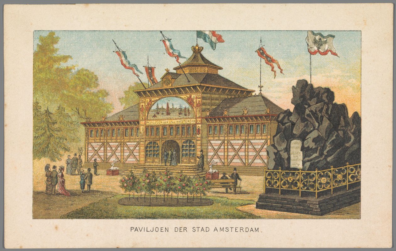 Pavillon af byen Amsterdam på verdensudstillingen i Amsterdam, 1883 Pavillon af byen Amsterdam (titel på objekt) Minde om Amsterdam i 1883 (serietitel på objekt) af Anonymous