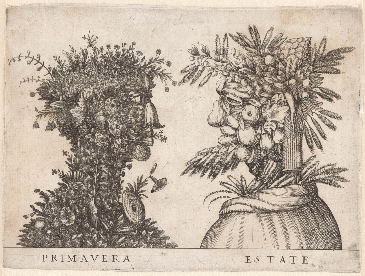 Personificeringer af de fire årstider Forår og sommer skildret af groteske hoveder Primavera / Estate (titel på objekt) af Anonymous