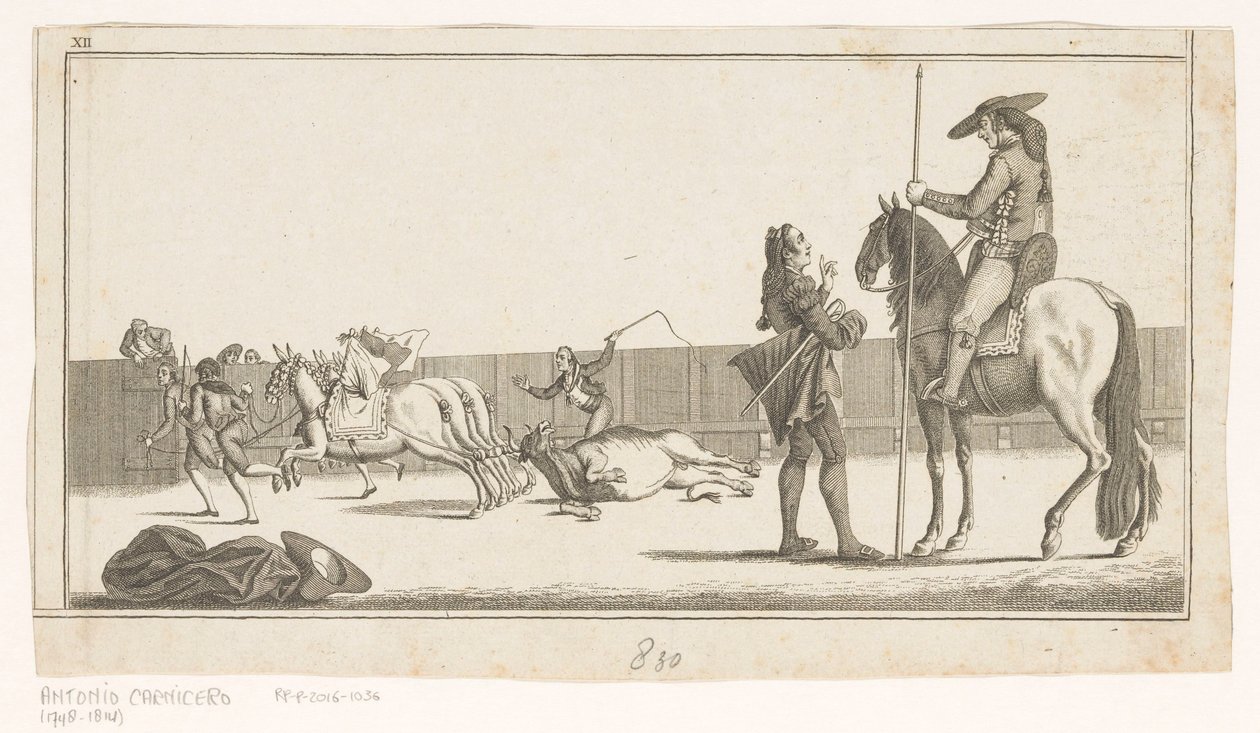 Picador og matador efter at have dræbt tyren Coleccion de las principales suertes de una corrida de toros (serietitel på objekt) Samling af de vigtigste tyrefægtningsmanøvrer (serietitel) af Anonymous