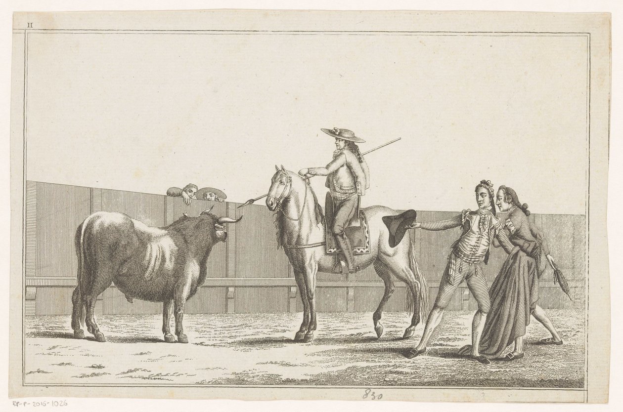 Picador retter sin lanse mod en tyr Coleccion de las principales suertes de una corrida de toros (serietitel på objekt) Samling af de vigtigste tyrefægtningsmanøvrer (serietitel) af Anonymous