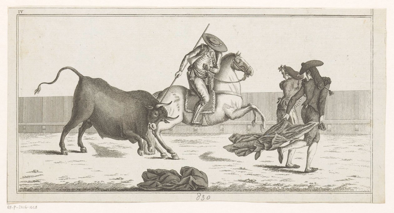 Picador stikker sin lanse ind i en tyr Coleccion de las principales suertes de una corrida de toros (serietitel på objekt) Samling af de vigtigste tyrefægtningsmanøvrer (serietitel) af Anonymous