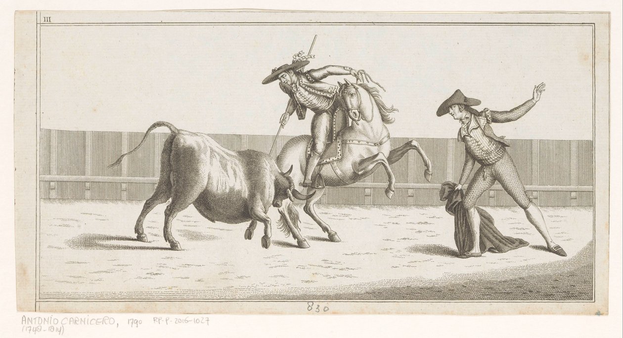 Picador stikker sin lanse ind i en tyr Coleccion de las principales suertes de una corrida de toros (serietitel på objekt) Samling af de vigtigste tyrefægtningsmanøvrer (serietitel) af Anonymous